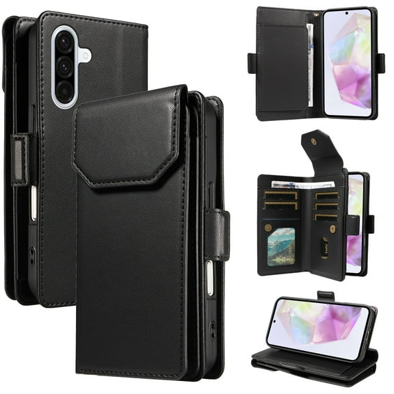 ELEHOLD Wallet Case for Samsung Galaxy A25 5G, Luxury PU Leather Shockproof Magnetic Flip Kickstand Card Slots Cash Pocket Wallet Case With Detachable Lanyard, Black