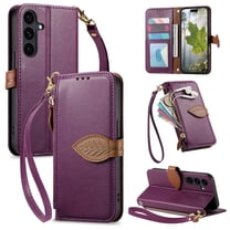 ELEHOLD Wallet Case for Samsung Galaxy A26 5G, Shockproof Flip PU Leather Zipper Cash Slot Credit Card Slot Anti-Scratch Shock-Absorbent Case Cover With Crossbody Wrist Strap,Purple