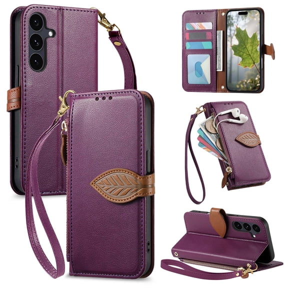 ELEHOLD Wallet Case for Samsung Galaxy A26 5G, Shockproof Flip PU Leather Zipper Cash Slot Credit Card Slot Anti-Scratch Shock-Absorbent Case Cover With Crossbody Wrist Strap,Purple