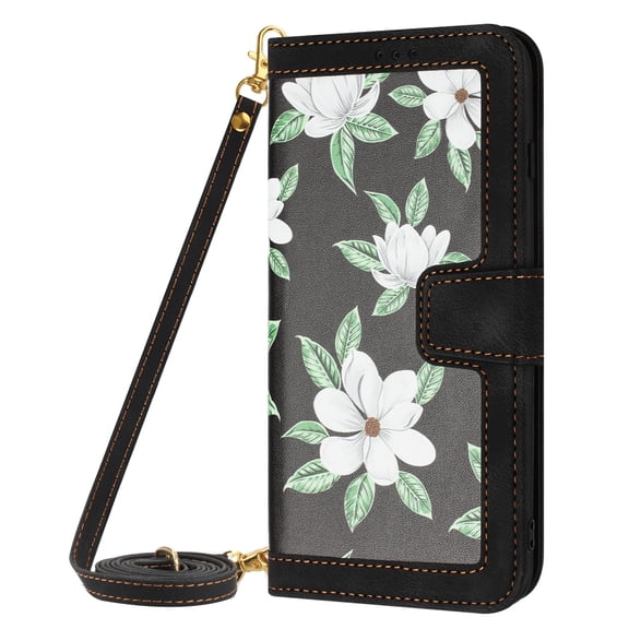 ELEHOLD Wallet Case for Samsung Galaxy A32 5G Premium Leather Flower Floral Pattern with Card Slots Kickstand Function Crossbody Shoulder Strap Wriststrap Lanyard Folio Wallet Case,black