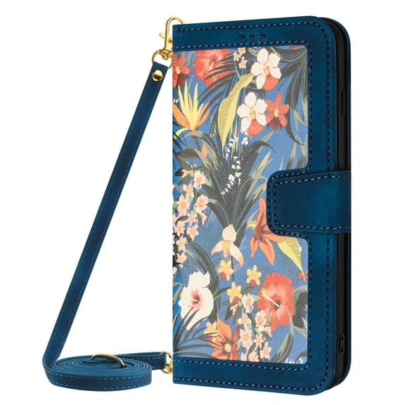 ELEHOLD Wallet Case for Samsung Galaxy A32 5G Premium Leather Flower Floral Pattern with Card Slots Kickstand Function Crossbody Shoulder Strap Wriststrap Lanyard Folio Wallet Case,darkblue