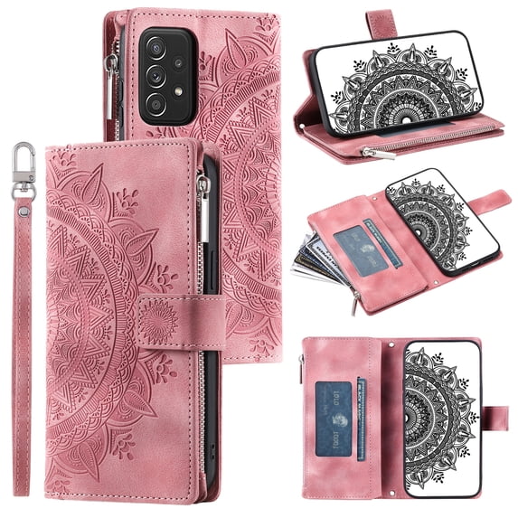 ELEHOLD Wallet Case for Samsung Galaxy A33 5G Embossed Pattern PU Leather Card Slots Zipper Pocket Kickstand Function Magnetic Clasp Lanyard Crossbody Shoulder Strap,Pink