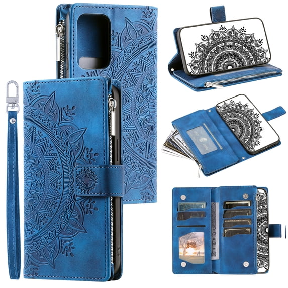 ELEHOLD Wallet Case for Samsung Galaxy A33 5G Embossed Pattern PU Leather Card Slots Zipper Pocket Kickstand Function Magnetic Clasp Lanyard Crossbody Shoulder Strap,Blue