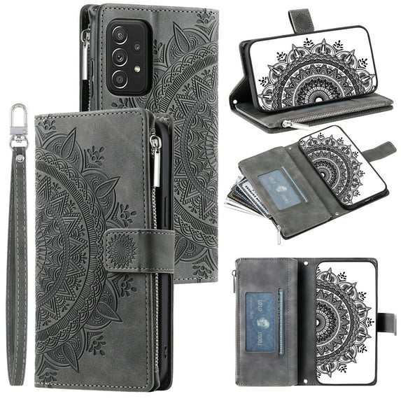 ELEHOLD Wallet Case for Samsung Galaxy A33 5G Embossed Pattern PU Leather Card Slots Zipper Pocket Kickstand Function Magnetic Clasp Lanyard Crossbody Shoulder Strap,Gray