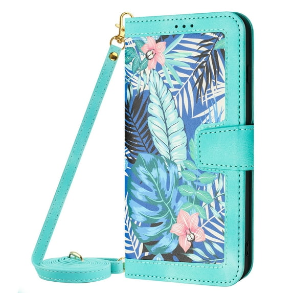 ELEHOLD Wallet Case for Samsung Galaxy A33 5G Premium Leather Flower Floral Pattern with Card Slots Kickstand Function Crossbody Shoulder Strap Wriststrap Lanyard Folio Wallet Case,green