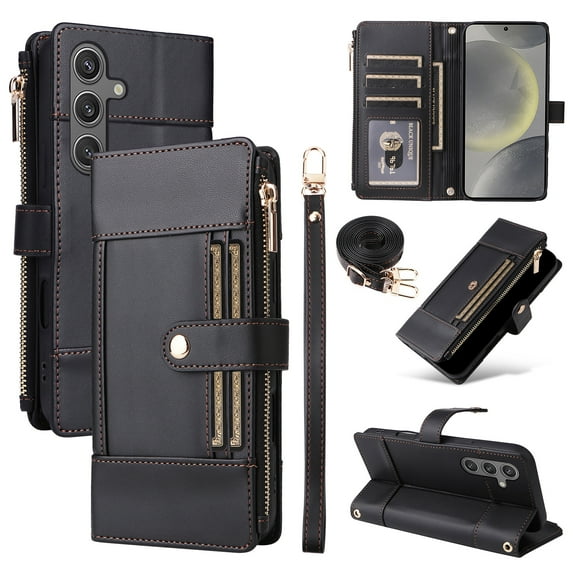 ELEHOLD Wallet Case for Samsung Galaxy A36 5G, Slim Rugged TPU Protective Cover Faux Leather Finish Anti-Scratch Zipper Card Slot Cash Holder Shockproof Case with Detachable Lanyard,Black