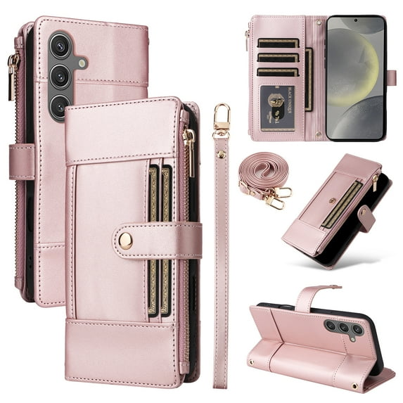 ELEHOLD Wallet Case for Samsung Galaxy A36 5G, Slim Rugged TPU Protective Cover Faux Leather Finish Anti-Scratch Zipper Card Slot Cash Holder Shockproof Case with Detachable Lanyard,Rosegold