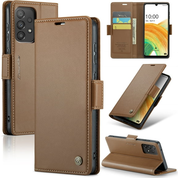 ELEHOLD Wallet Case For Samsung Galaxy A52,Premium Leather Case wih RFID Blocking Function Card Slots Kickstand Magnetic Clasp Shockproof Cover for Men Women,Brown