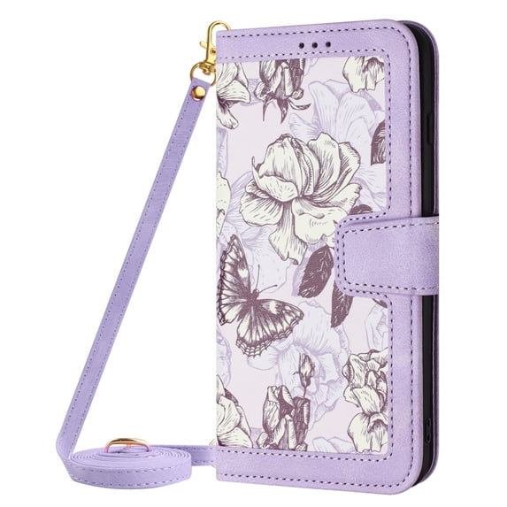 ELEHOLD Wallet Case for Samsung Galaxy A52 Premium Leather Flower Floral Pattern with Card Slots Kickstand Function Crossbody Shoulder Strap Wriststrap Lanyard Folio Wallet Case,purple