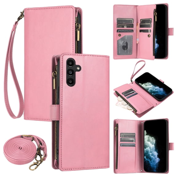 ELEHOLD Wallet Case for Samsung Galaxy A54 5G, with 9 Card Slots Cash/Zipper Pocket Detachable Lanyard Crossbody Strap Magnetic Clasp Kickstand Luxury Purse Case,Pink