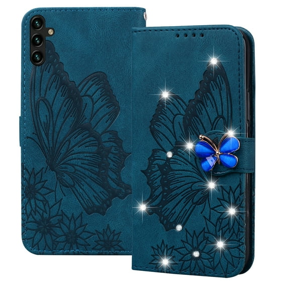 ELEHOLD Wallet Case for Samsung Galaxy A54 5G,Butterfly Pattern Shiny Diamond with Card Slots Kickstand Magnetic Clasp Shockproof Fashion Folio Wallet Case,Blue