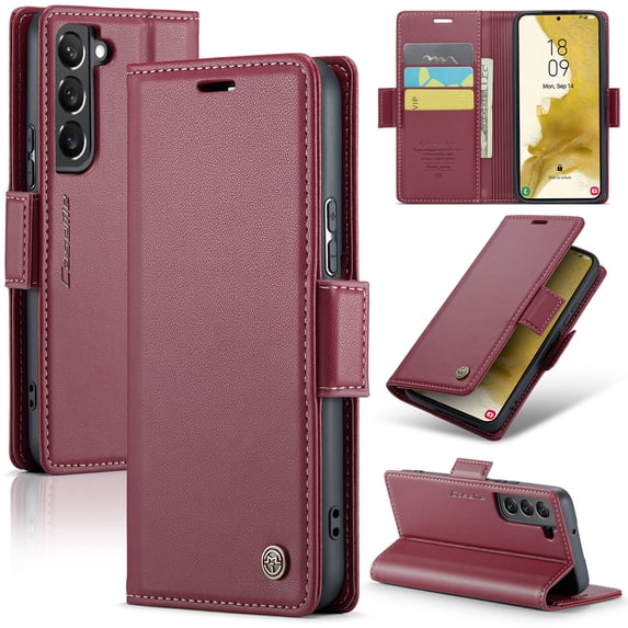 ELEHOLD Wallet Case For Samsung Galaxy S21 FE,Premium Leather Case wih RFID Blocking Function Card Slots Kickstand Magnetic Clasp Shockproof Cover for Men Women,Wine