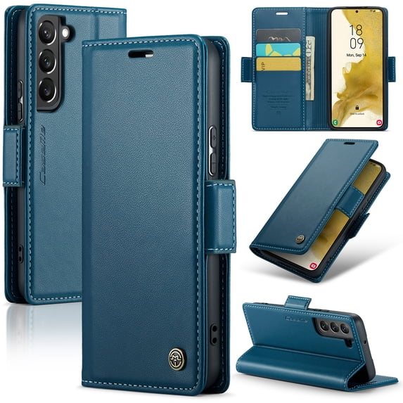 ELEHOLD Wallet Case For Samsung Galaxy S21+,Premium Leather Case wih RFID Blocking Function Card Slots Kickstand Magnetic Clasp Shockproof Cover for Men Women,Blue