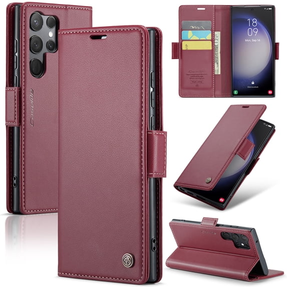 ELEHOLD Wallet Case For Samsung Galaxy S21 Ultra,Premium Leather Case wih RFID Blocking Function Card Slots Kickstand Magnetic Clasp Shockproof Cover for Men Women,Wine