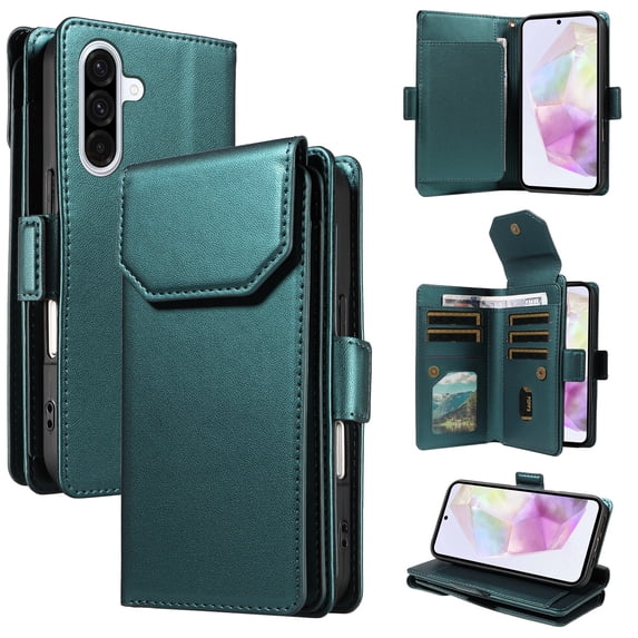 ELEHOLD Wallet Case for Samsung Galaxy S22 Plus, Luxury PU Leather Shockproof Magnetic Flip Kickstand Card Slots Cash Pocket Wallet Case With Detachable Lanyard, Green