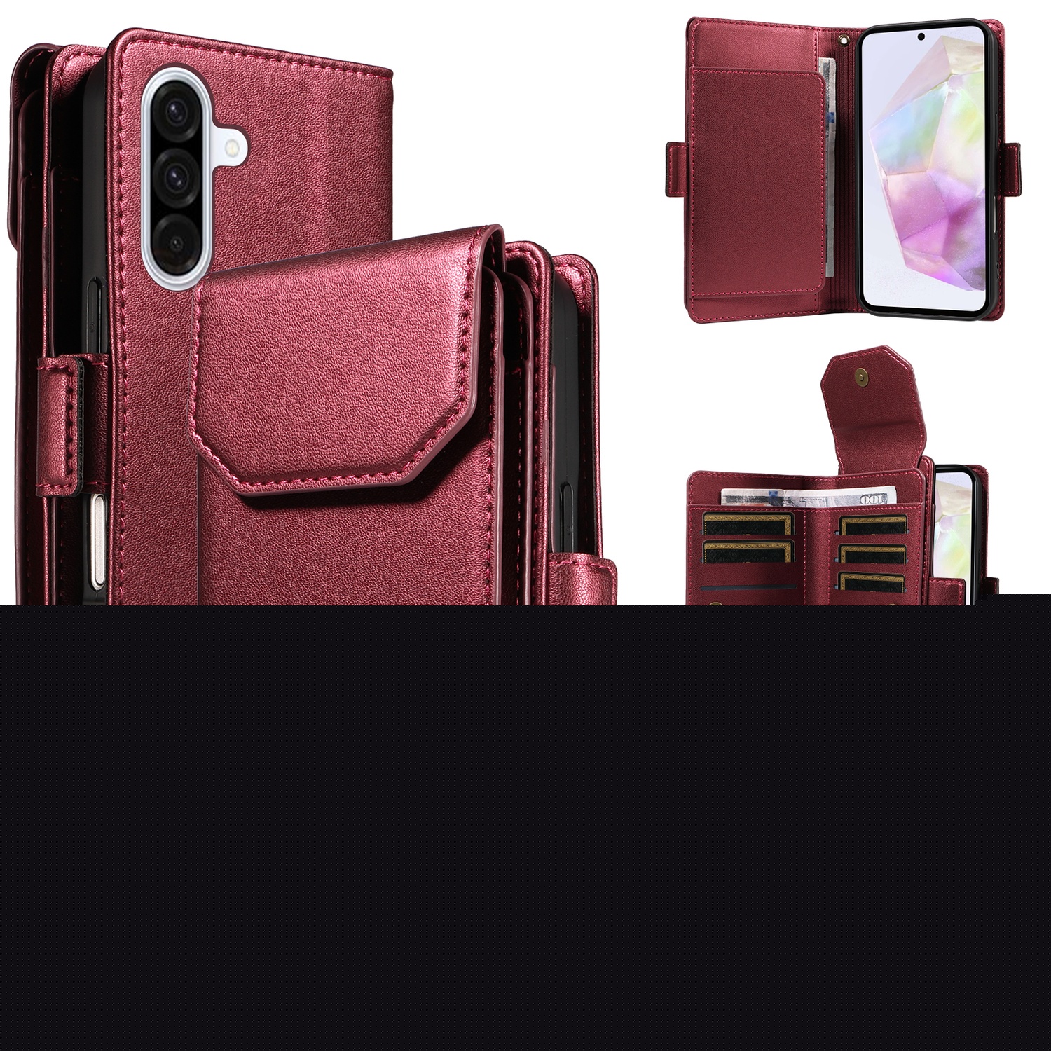 ELEHOLD Wallet Case for Samsung Galaxy S22 Plus, Luxury PU Leather Shockproof Magnetic Flip Kickstand Card Slots Cash Pocket Wallet Case With Detachable Lanyard, Red