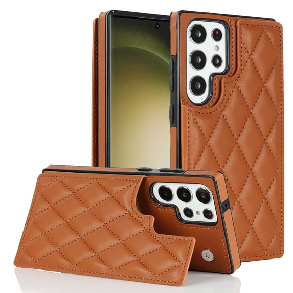 ELEHOLD Wallet Case for Samsung Galaxy S22 Ultra 6.8",RFID Blocking Card Holders Luxury Argyle Pattern Leather Case Kickstand Magnetic Button Slim Lightweight Shockproof Purse Case,Brown