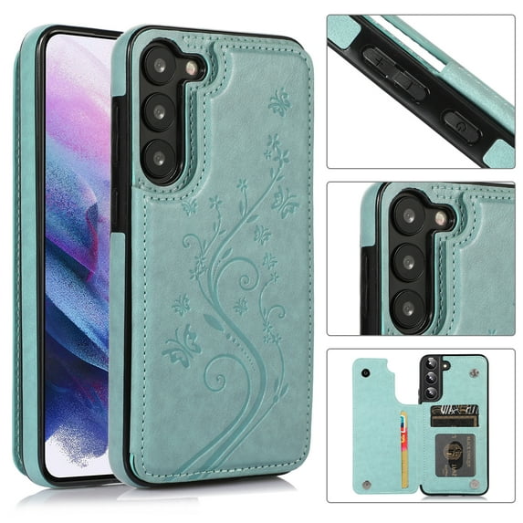 ELEHOLD Wallet Case for Samsung Galaxy S23 6.1" Embossed Pattern Magnetic Button Card Holders PU Leather Cover Kickstand Function Shockproof Protective Shell, Mint