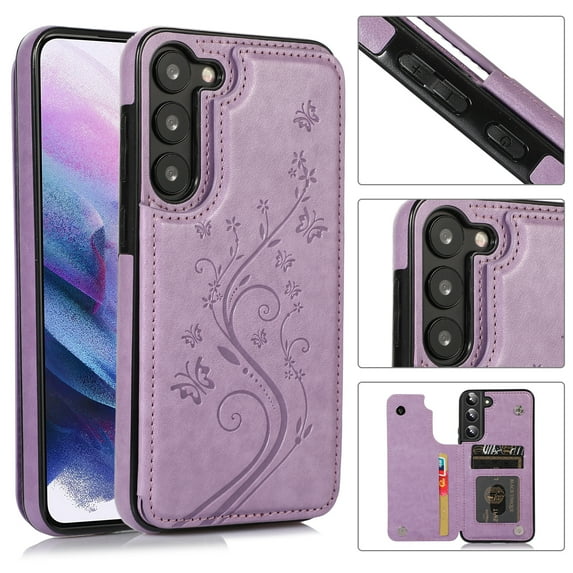 ELEHOLD Wallet Case for Samsung Galaxy S23 Plus 6.6" Embossed Pattern Magnetic Button Card Holders PU Leather Cover Kickstand Function Shockproof Protective Shell,Purple