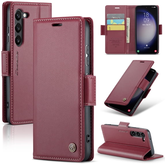 ELEHOLD Wallet Case for Samsung Galaxy S23 Plus 6.6" Premium Leather Case wih RFID Blocking Function Card Slots Kickstand Magnetic Clasp Shockproof Cover for Men Women,Wine