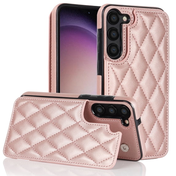 ELEHOLD Wallet Case for Samsung Galaxy S23 Plus 6.6",RFID Blocking Card Holders Luxury Argyle Pattern Leather Case Kickstand Magnetic Button Slim Lightweight Shockproof Purse Case,Rosegold