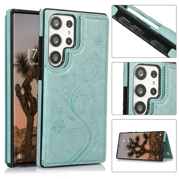ELEHOLD Wallet Case for Samsung Galaxy S23 Ultra 6.8" Embossed Pattern Magnetic Button Card Holders PU Leather Cover Kickstand Function Shockproof Protective Shell, Mint