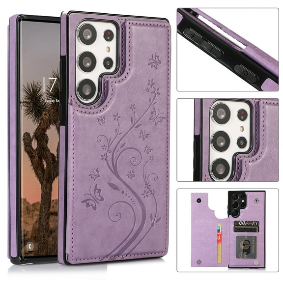 ELEHOLD Wallet Case for Samsung Galaxy S23 Ultra 6.8" Embossed Pattern Magnetic Button Card Holders PU Leather Cover Kickstand Function Shockproof Protective Shell, Purple