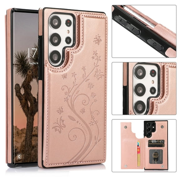 ELEHOLD Wallet Case for Samsung Galaxy S23 Ultra 6.8" Embossed Pattern Magnetic Button Card Holders PU Leather Cover Kickstand Function Shockproof Protective Shell, Rosegold