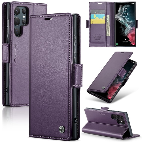 ELEHOLD Wallet Case for Samsung Galaxy S23 Ultra 6.8" Premium Leather Case wih RFID Blocking Function Card Slots Kickstand Magnetic Clasp Shockproof Cover for Men Women,Purple