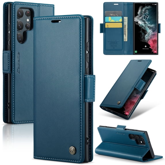 ELEHOLD Wallet Case for Samsung Galaxy S23 Ultra 6.8" Premium Leather Case wih RFID Blocking Function Card Slots Kickstand Magnetic Clasp Shockproof Cover for Men Women,Blue