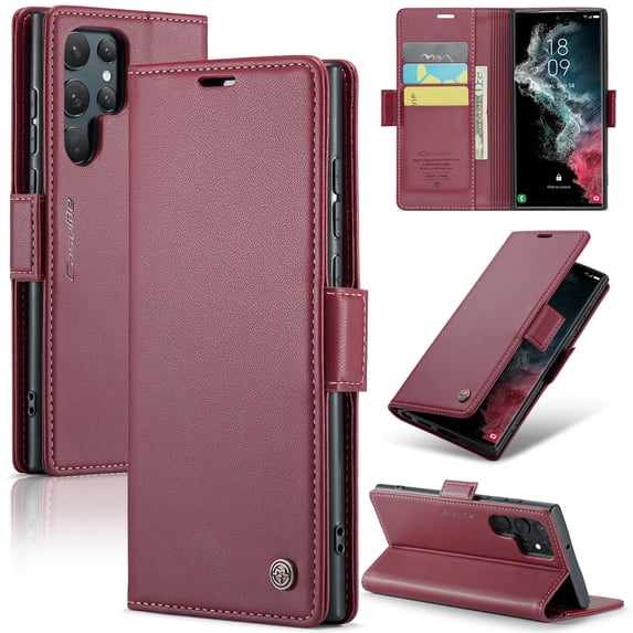 ELEHOLD Wallet Case for Samsung Galaxy S23 Ultra 6.8" Premium Leather Case wih RFID Blocking Function Card Slots Kickstand Magnetic Clasp Shockproof Cover for Men Women,Wine