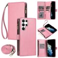 thumbnail image 1 of ELEHOLD Wallet Case for Samsung Galaxy S23 Ultra, with 9 Card Slots Cash/Zipper Pocket Detachable Lanyard Crossbody Strap Magnetic Clasp Kickstand Luxury Purse Case,Pink, 1 of 8