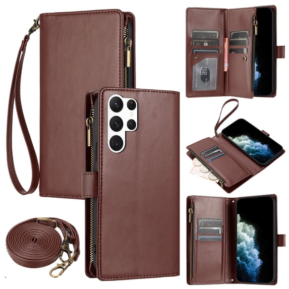 ELEHOLD Wallet Case for Samsung Galaxy S23 Ultra, with 9 Card Slots Cash/Zipper Pocket Detachable Lanyard Crossbody Strap Magnetic Clasp Kickstand Luxury Purse Case,Brown