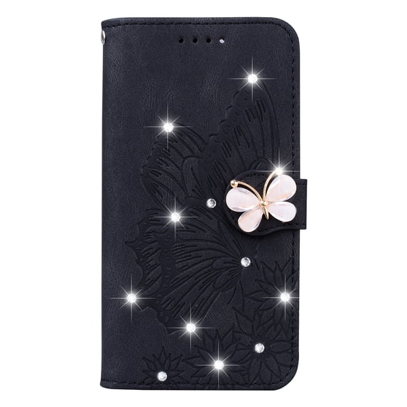 ELEHOLD Wallet Case for Samsung Galaxy S23 Ultra,Butterfly Pattern Shiny Diamond with Card Slots Kickstand Magnetic Clasp Shockproof Fashion Folio Wallet Case,Black