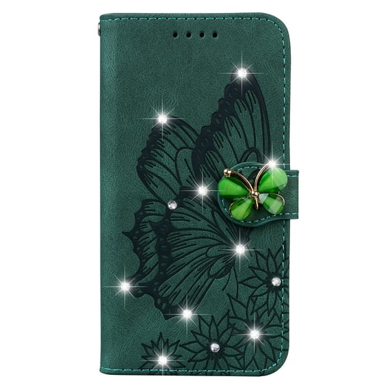 ELEHOLD Wallet Case for Samsung Galaxy S23 Ultra,Butterfly Pattern Shiny Diamond with Card Slots Kickstand Magnetic Clasp Shockproof Fashion Folio Wallet Case,Green
