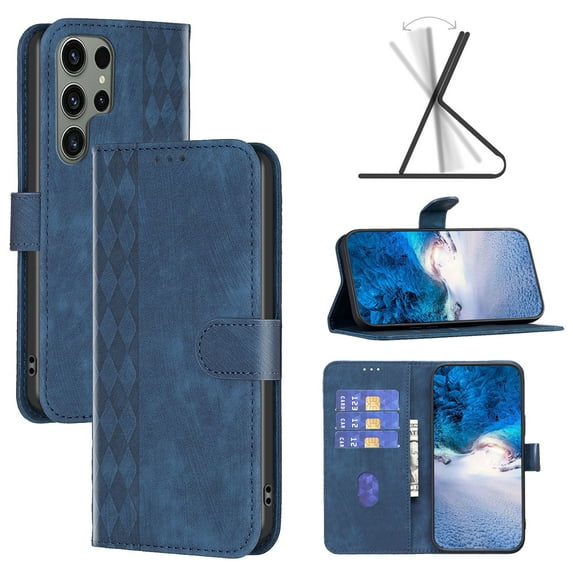 ELEHOLD Wallet Case for Samsung Galaxy S23 Ultra, Embossed Pattern Flip Folio Card Slots Kickstand Magnetic Clasp Premium Leather Wallet Case for Samsung Galaxy S23 Ultra,Blue