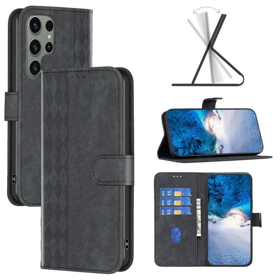 ELEHOLD Wallet Case for Samsung Galaxy S23 Ultra, Embossed Pattern Flip Folio Card Slots Kickstand Magnetic Clasp Premium Leather Wallet Case for Samsung Galaxy S23 Ultra,Black