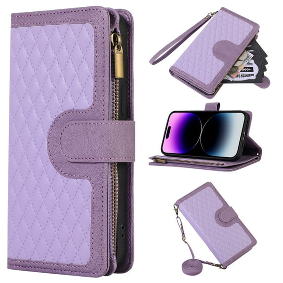 ELEHOLD Wallet Case for Samsung Galaxy S23 Ultra,Premium Leather Argyle Pattern 9 Card Slots Zipper Pocket Kickstand Crossbody Shoulder Strap Wriststrap Luxury Purse Case 6.8 Inch,Purple