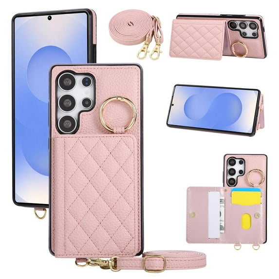 ELEHOLD Wallet Case for Samsung Galaxy S23 Ultra with Strap, Shockproof PU Leather Flip Kickstand Ring Holder Card Slot Anti-Scratch Non-Slip Protective Carry Case,Pink