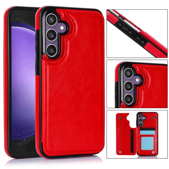 ELEHOLD Wallet Case for Samsung Galaxy S24 FE Flip Back Card Holders Kickstand Function Magnetic Button Slim Lightweight Wallet Case for Samsung S24 FE ,Red