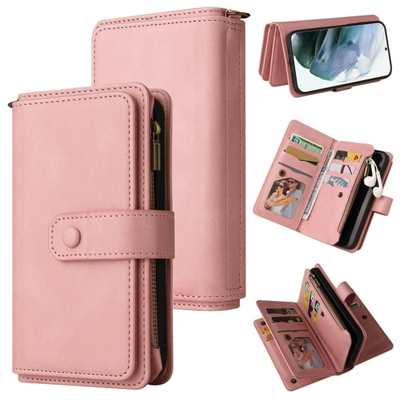 ELEHOLD Wallet Case for Samsung Galaxy S24 Plus, with Large Capacity 15 Card Holders Zipper Wallet Detachable Wrist Strap Kickstand Function Magnetic Clasp Full Protective Shockproof Cover, Pink