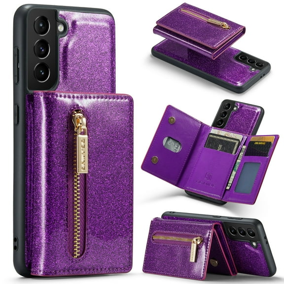 ELEHOLD Wallet Case for Samsung Galaxy S24 Plus Luxury Glitter Bling Leather Magnetic Detachable Card Slots Zipper Pocket Magnetic Clasp Kickstand Shockproof Purse Case,Purple