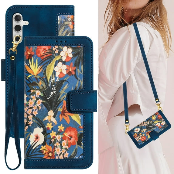 ELEHOLD Wallet Case for Samsung Galaxy S24 Premium Leather Flower Floral Pattern with Card Slots Kickstand Function Crossbody Shoulder Strap Wriststrap Lanyard Folio Wallet Case,Darkblue