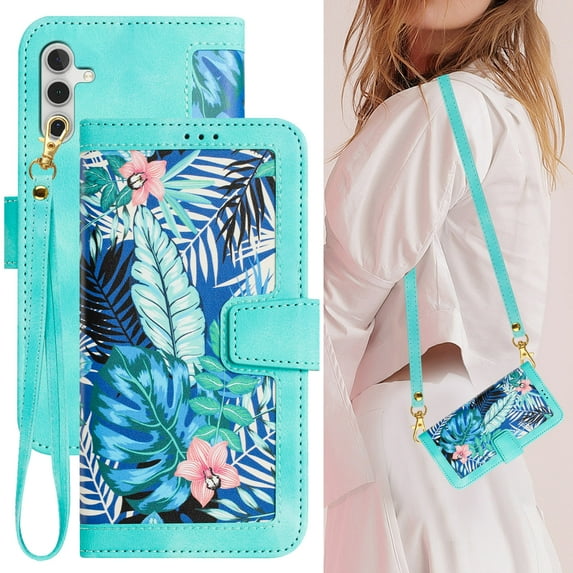 ELEHOLD Wallet Case for Samsung Galaxy S24 Premium Leather Flower Floral Pattern with Card Slots Kickstand Function Crossbody Shoulder Strap Wriststrap Lanyard Folio Wallet Case,Green