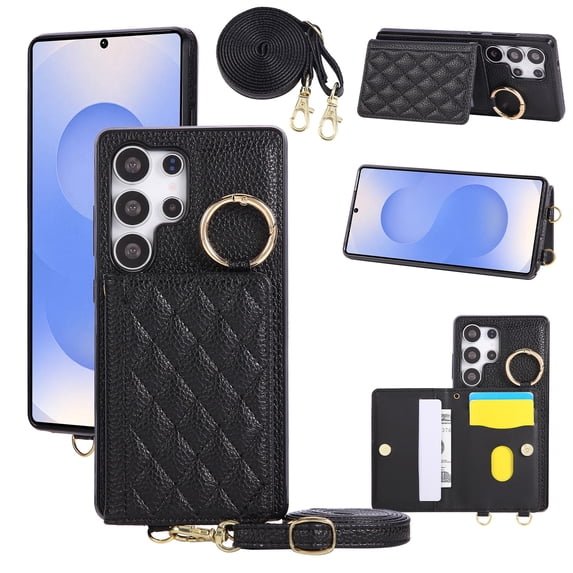 ELEHOLD Wallet Case for Samsung Galaxy S24+ with Strap, Shockproof PU Leather Flip Kickstand Ring Holder Card Slot Anti-Scratch Non-Slip Protective Carry Case,Black