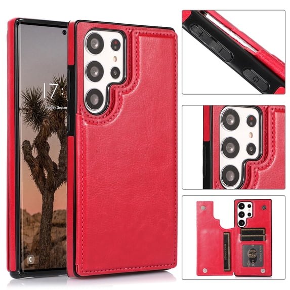 ELEHOLD Wallet Case for Samsung Galaxy S24 Ultra Flip Back Card Holders Kickstand Function Magnetic Button Slim Lightweight Wallet Case for Samsung S24 Ultra ,Rose