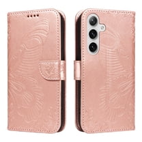 ELEHOLD Wallet Case for Samsung Galaxy S25 , Butterfly Embossed Phone Case with Kickstand and Card Slots, Shockproof Leather Cover with Wrist Strap,Rosegold