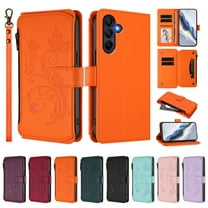 ELEHOLD Wallet Case For Samsung Galaxy S25,  Butterfly Flower Pattern Leather Flip Kickstand Card Holder Zipper Pocket Magnetic Closure Wallet Cover With Crossbody Strap Lanyard  ,Orange