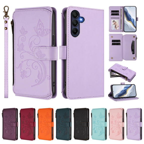 ELEHOLD Wallet Case For Samsung Galaxy S25, Butterfly Flower Pattern Leather Flip Kickstand Card Holder Zipper Pocket Magnetic Closure Wallet Cover With Crossbody Strap+Lanyard ,Purple