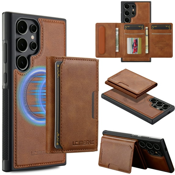 ELEHOLD Wallet Case for Samsung Galaxy S25 Edge, Magnetic Back Cover Compatible with Mag-Safe, Premium PU Leather Shockproof Protective Case with Detachable Card Holder Kickstand,Brown